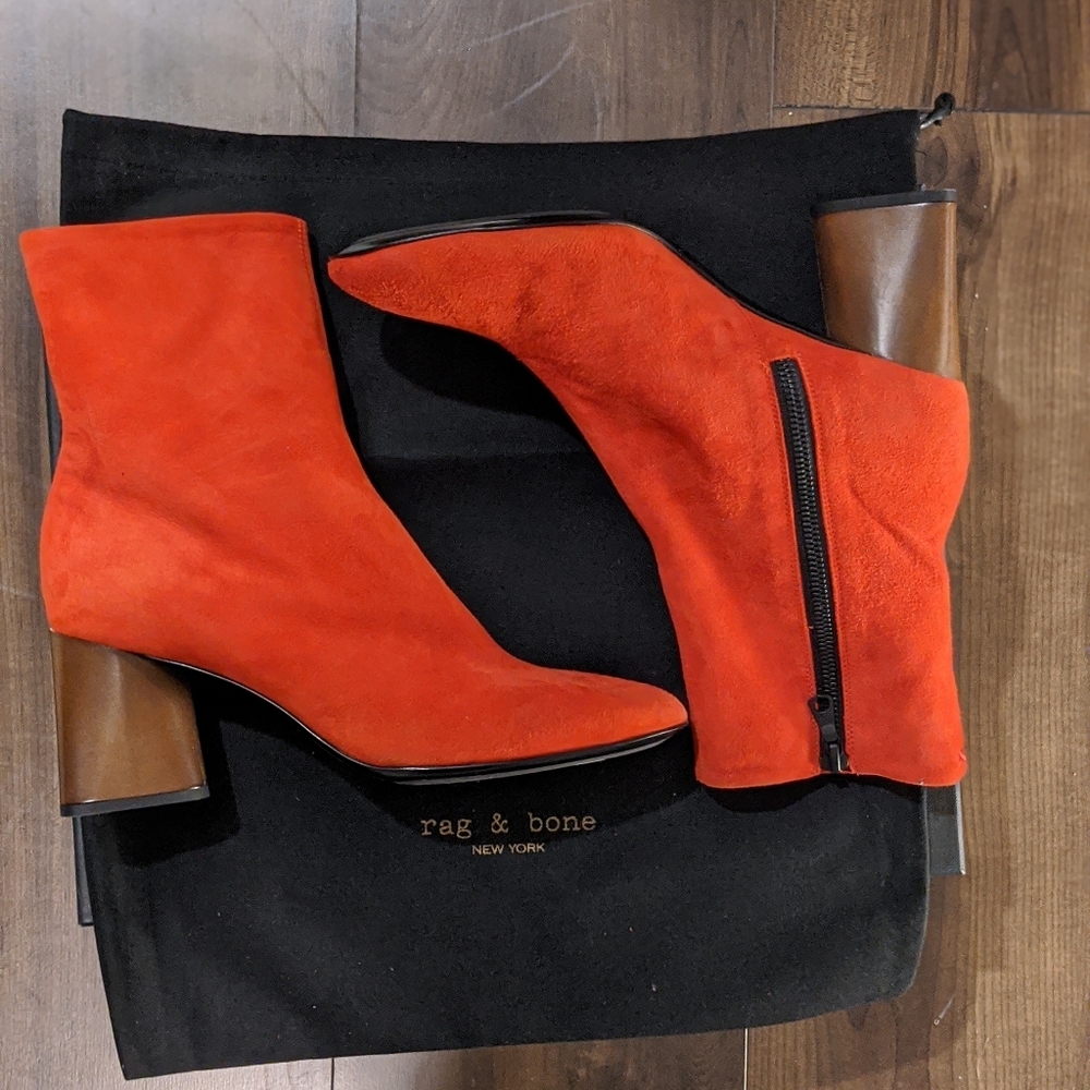 rag & bone Orange-Red Suede Ankle Boots with Brown Block Heel